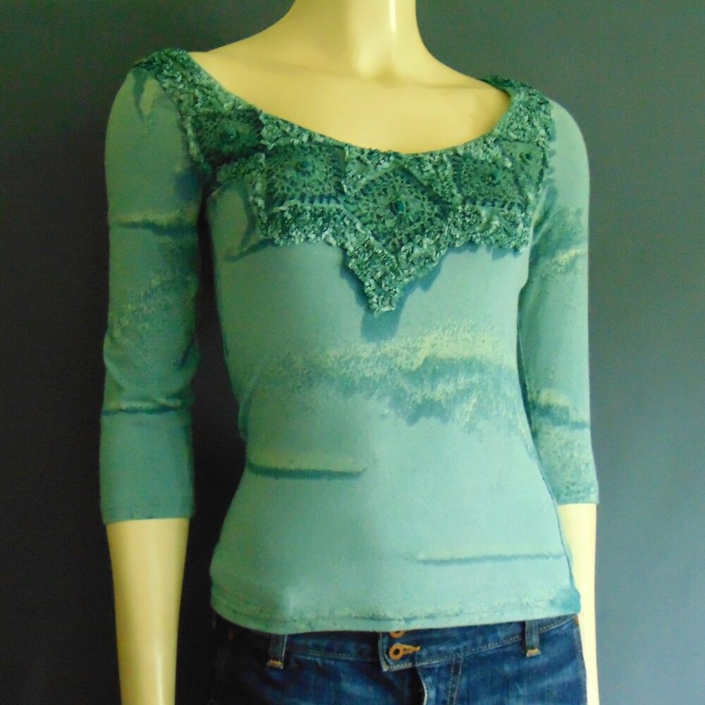Mezon Teal Green Soutache Beaded Art to Wear Slim Fit Top Sm